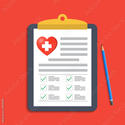 Clipboard with medical cross and pen. Clinical record, prescription, claim, medical check marks report, health insurance concepts. Premium quality. Modern flat design graphic elements. 