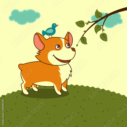 welsh corgi dog in the meadow in yellow sky cartoon character