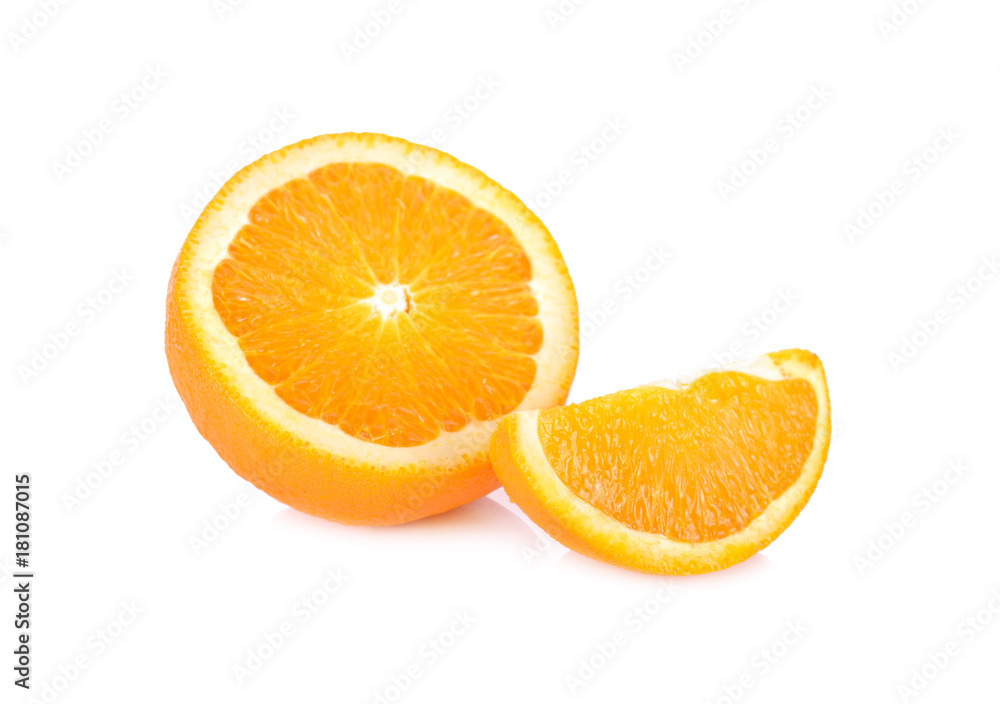 half and portion cut fresh Navel/Valencia orange on white background half and portion cut fresh Navel/Valencia orange on white background