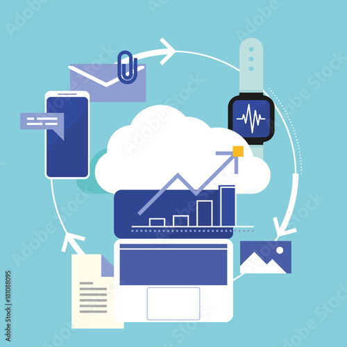 Isometric wireless mobile devices, computer, cloud computing, work with documents and data