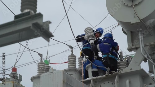 Workers repair the equipment slow motion