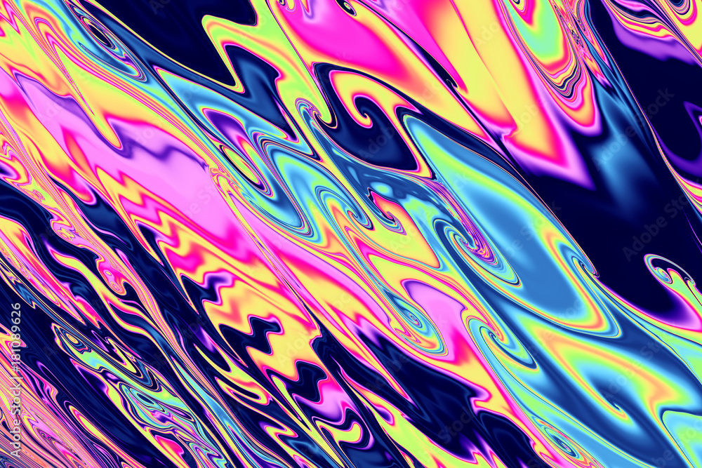 Abstract colorful chaotic zigzag pattern. Fantasy blue, pink, yellow and orange waves. Digital fractal art. 3D rendering.