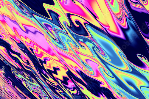 Abstract colorful chaotic zigzag pattern. Fantasy blue, pink, yellow and orange waves. Digital fractal art. 3D rendering.