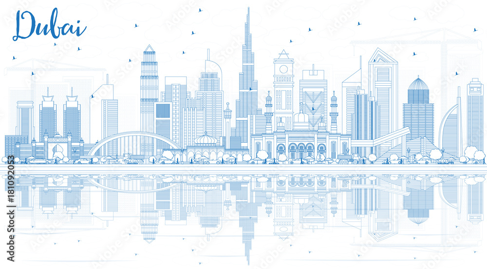 Outline Dubai UAE Skyline with Blue Buildings and Reflections.
