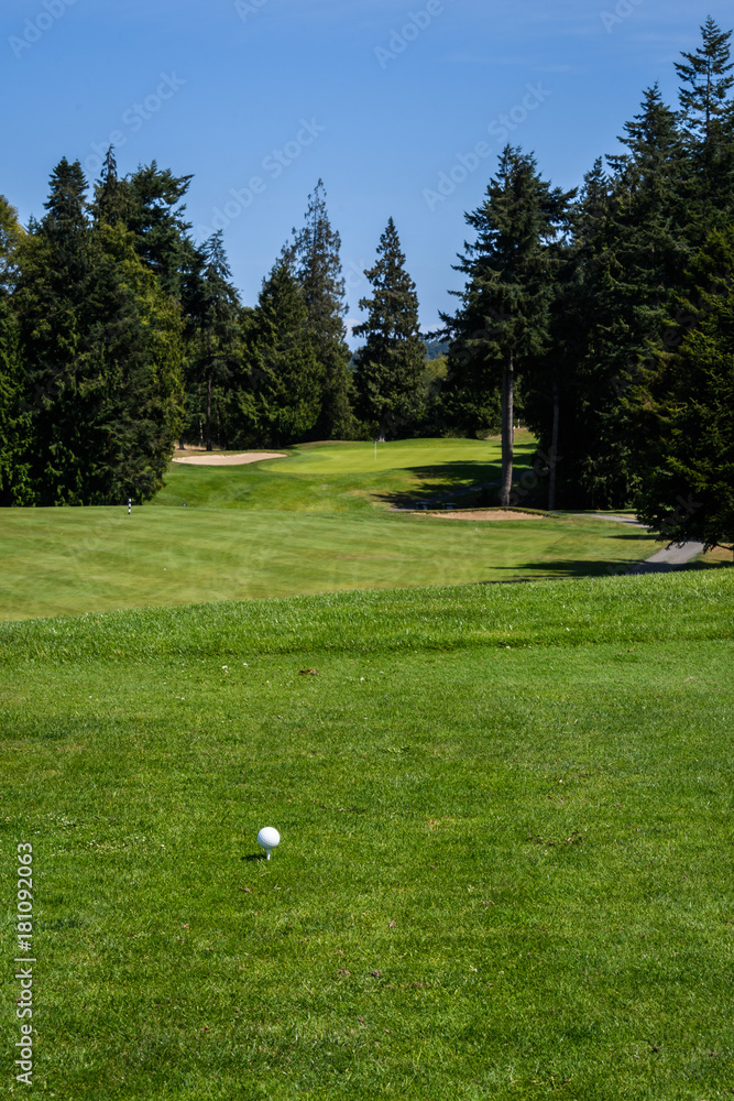 Golf ball and tee on the tee box and  fairway with the green, sand traps, trees and sky in the background
