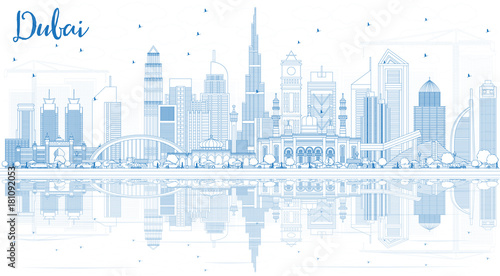 Outline Dubai UAE Skyline with Blue Buildings and Reflections.