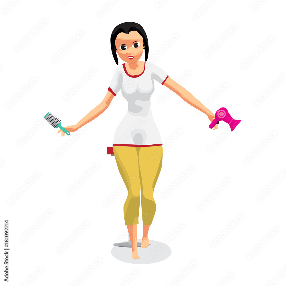 Woman combs her hair and blows with a hairdryerdrying. Girl uses Woman combs her hair and blows with a hairdryerdrying. Girl uses