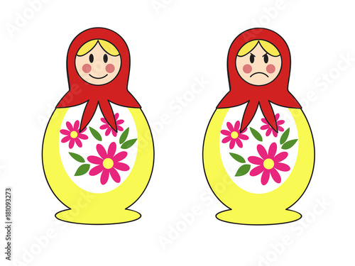 a set of two traditional Russian nesting dolls with happy and angry face