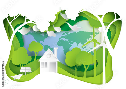 Go green.Nature landscape and eco friendly concept.Paper carve of environment conservation conceptual design.Vector illustration.
