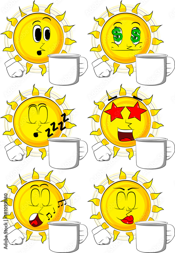 Cartoon sun holding big mug. Collection with various facial expressions. Vector set.