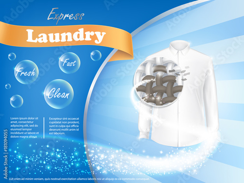 Dirty white shirt with close-up of fiber structure and soap bubbles on blue background, vector realistic banner . Mockup package design laundry detergent ad