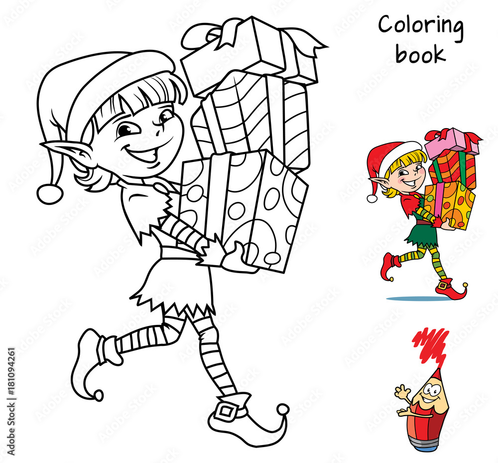 Fototapeta Świąteczny elf z prezentami. Kolorowanka. Ilustracja kreskówka wektor