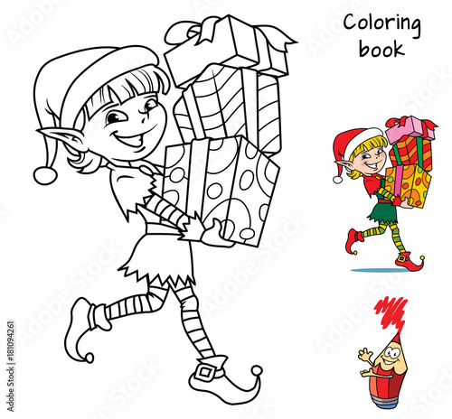 Christmas elf with gifts. Coloring book. Cartoon vector illustration