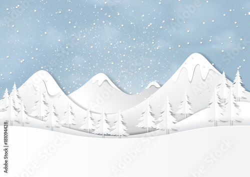 Nature landscape on snow winter background.For merry christmas and happy new year paper art style.Vector illustration.