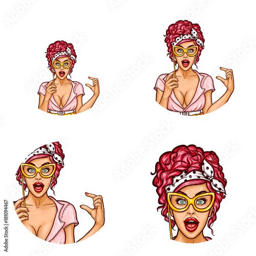 Set of vector pop art round avatar icons for users of social networking, blogs, profile icons. Surprised woman with an open mouth holding a vintage lorgnette in her hand