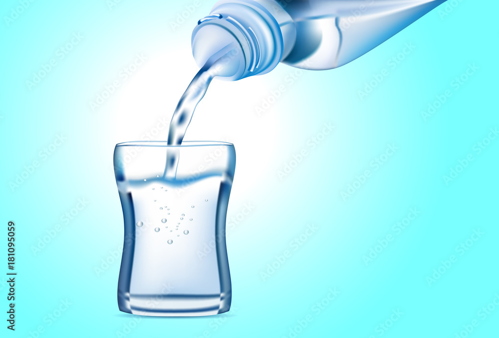 Pouring water from bottle into glass on blue background Pouring water from bottle into glass on blue background