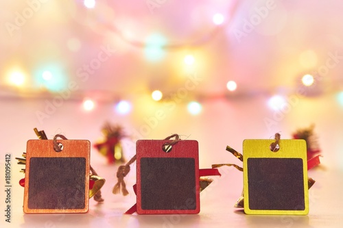 Christmas background and Happy New Year background, Black Chalkboard with bokeh lights and  season decorations, space for a text 