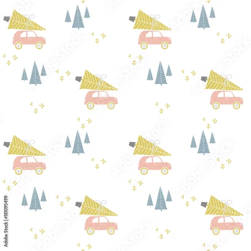 Tapety Boże Narodzenie wzór z różowymi samochodami, wektorowa ilustracja