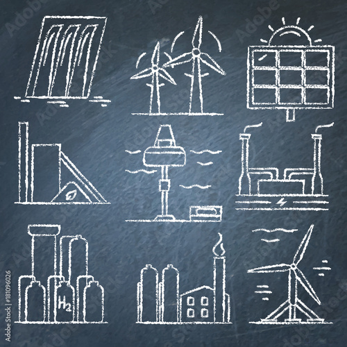 Set of renewable energy hand drawn icons on chalkboard