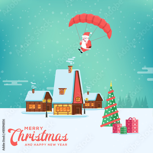 Cute happy smiling cartoon santa flying with parachute on rural winter landscape background. Christmas holiday village decoration for poster or postacrd. Merry Xmas greeting illustration.