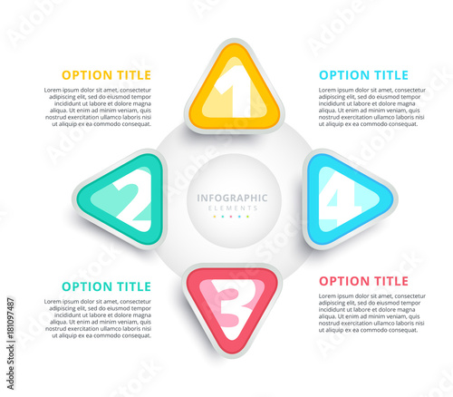 Business 4 step process chart infographics with triangles. Triangular corporate graphic elements. Company infograph presentation slide template. Modern vector process info graphic layout design.