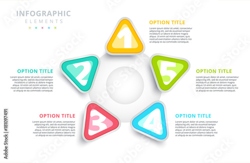 Business 5 step process chart infographics with triangles. Triangular corporate graphic elements. Company infograph presentation slide template. Modern vector process info graphic layout design.