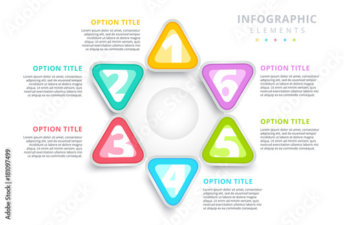Business 6 step process chart infographics with triangles. Triangular corporate graphic elements. Company infograph presentation slide template. Modern vector process info graphic layout design.