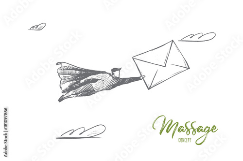 Message concept. Hand drawn superhero with big papper letter in hand. Flying man holds message isolated vector illustration.