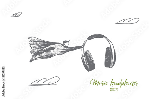 Music headphones concept. Hand drawn superhero with big earphones in hand. Flying man holds headphones isolated vector illustration.
