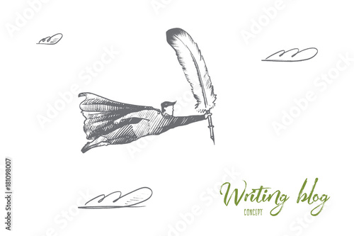 Writing blog concept. Hand drawn superhero with feather in hand as a symbol of writing. Flying man holds quill isolated vector illustration.
