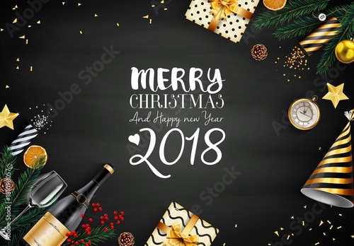 Merry christmas 2018 card with black and gold christmas elements