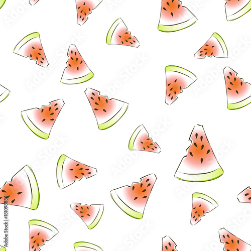 Vector seamless pattern with fresh watermelon slices on white backgroud. Lifght backdrop. photo