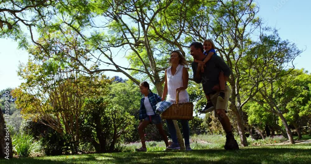 Family walking in the park for picnic on a sunny day Family walking in the park for picnic on a sunny day