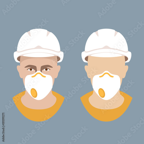 Worker in a protective helmet and respirator vector flat