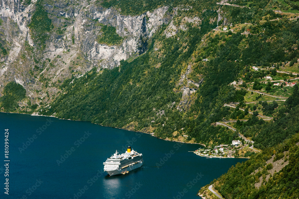 Geiranger fjord and ship Landscape in Norway Travel scenic aerial view