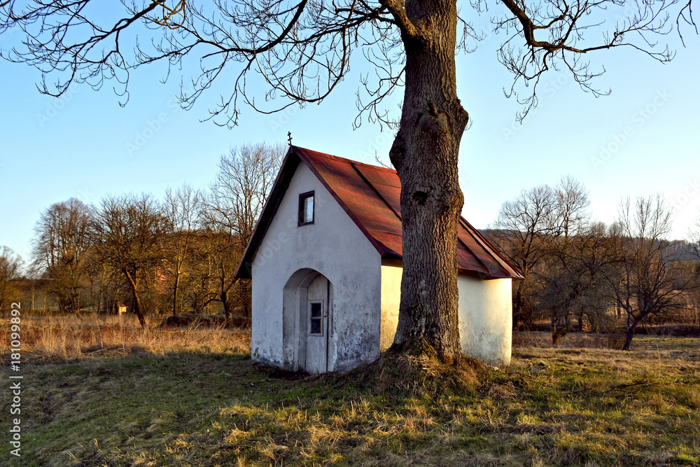 Fototapeta premium Old small chapel under tree, Blechnarka, Beskid Niski, Poland