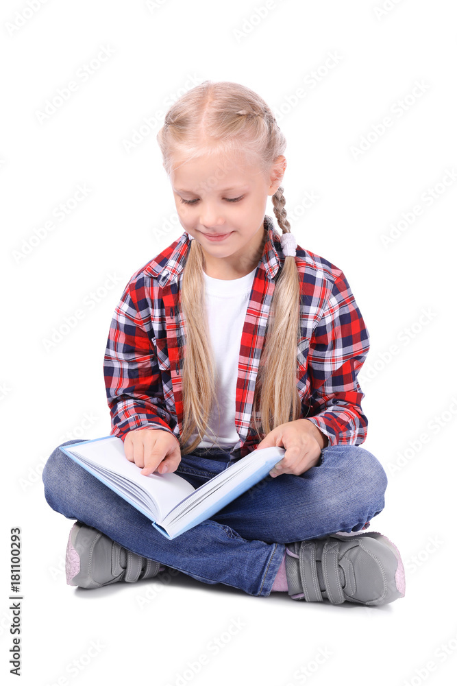 Cute little girl reading book on white background Cute little girl reading book on white background