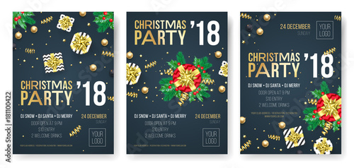 Christmas party invitation poster design template for winter holiday December 2018 celebration night. Vector present gift in golden ribbon bow on New Year black premium party background