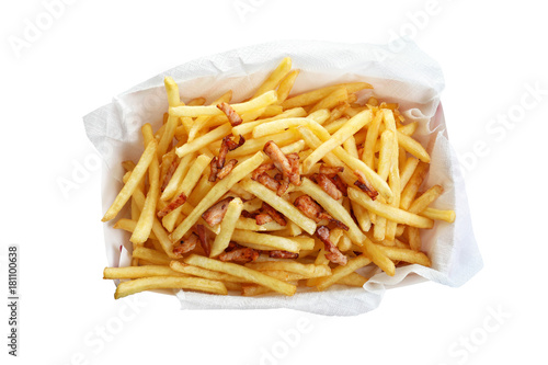 French fries and bacon in paper box, isolated on white