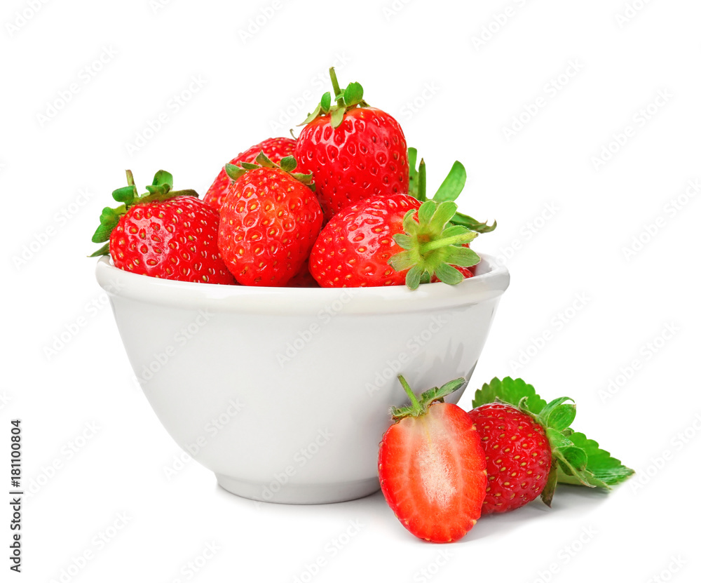 Fresh ripe strawberries in bowl, isolated on white Fresh ripe strawberries in bowl, isolated on white