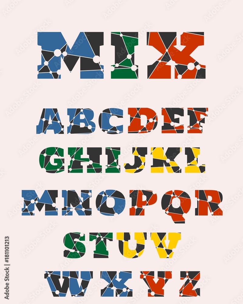 Decorative alphabet vector font. Letters symbols and numbers. Typography for headlines, posters, logos etc. Molecule And Communication style. Connected lines with dots.