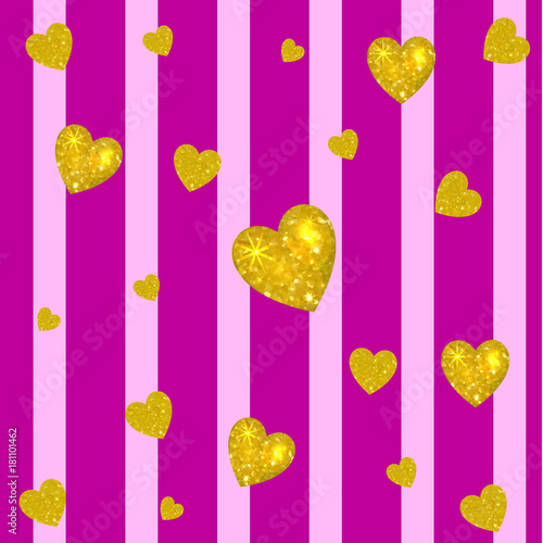 Abstract colorful VECTOR background. Golden hearts on striped magenta and pink background. Vertical stripes. photo