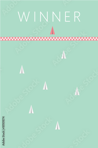 Minimalist stile red airplane winner concepts for success. Group of airplane flying at the finish line. eps10 vector illustration.
