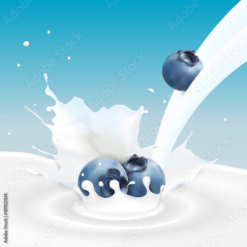 Flowing milk splash with blueberries fruits