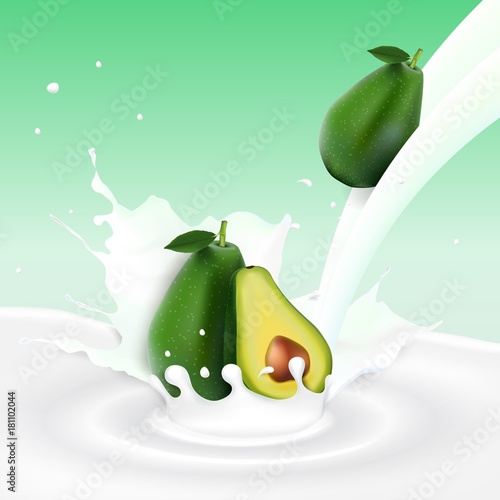 Flowing milk splash with avocado fruits