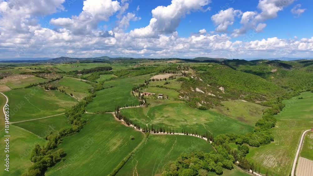 Tuscany aerial landscape with road and cypresses of farmland hill country. Italy, Europe, 4k
Tuscany aerial landscape with road and cypresses of farmland hill country. Italy, Europe, 4k