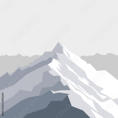 Vector illustration of mountains landscape with peak. Mountaineering and traveling, sport, vacation and outdoor recreation concept. Abstract geometric background for web, presentations or prints.