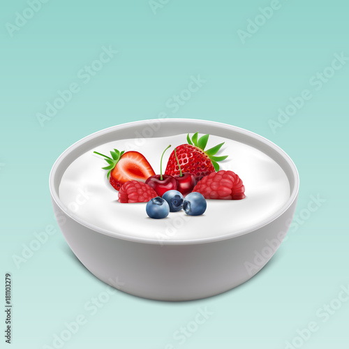 Sour cream bowl with healthy fresh fruits