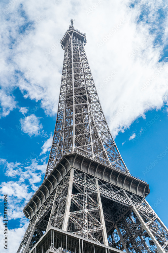 Eiffel tower in the summer time. Low angle view. 28/07/2017 Paris.France.