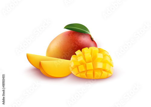 Ripe fresh mango with slices and leaves